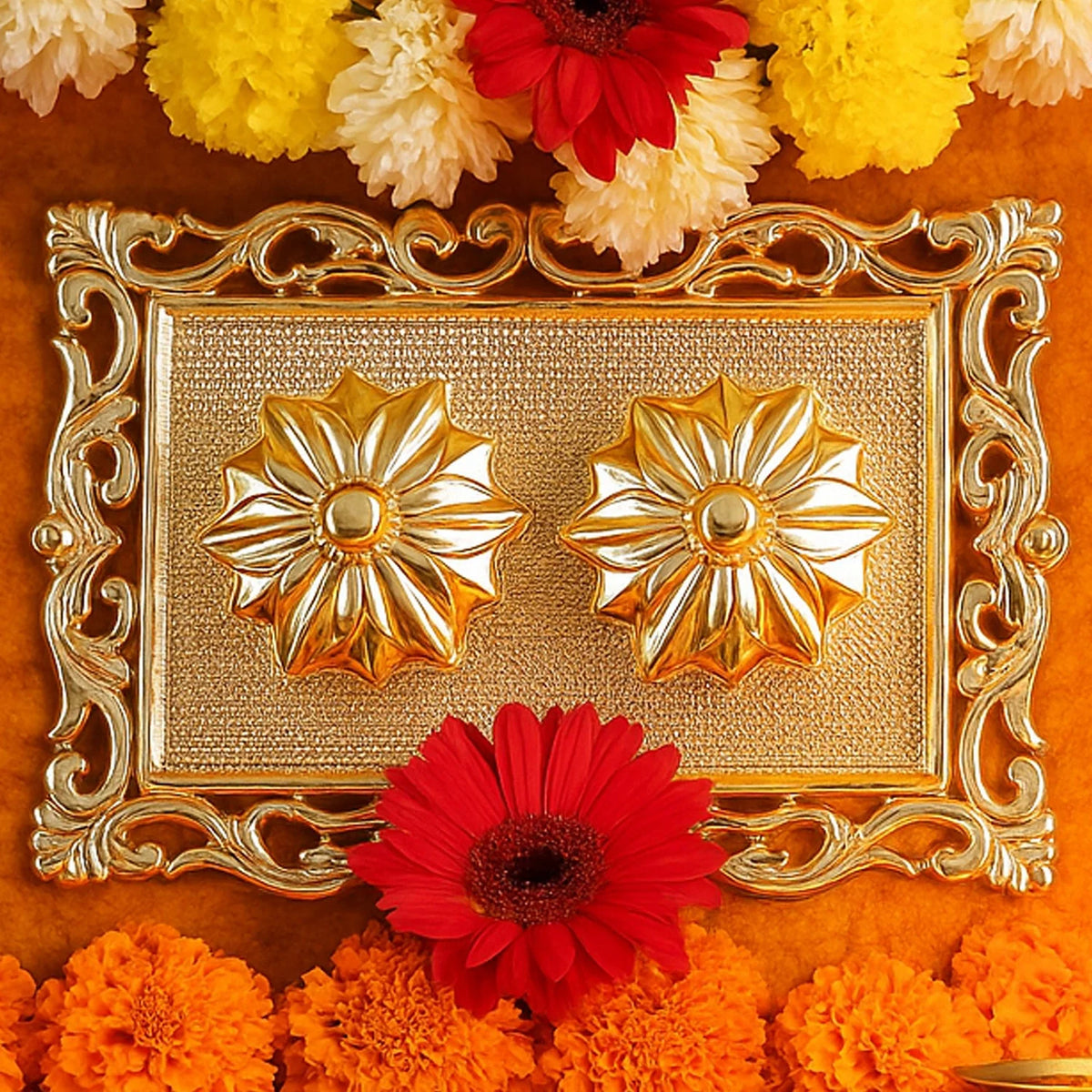 Ornate Rectangular Pooja Thali Tray - (1 Pc)
