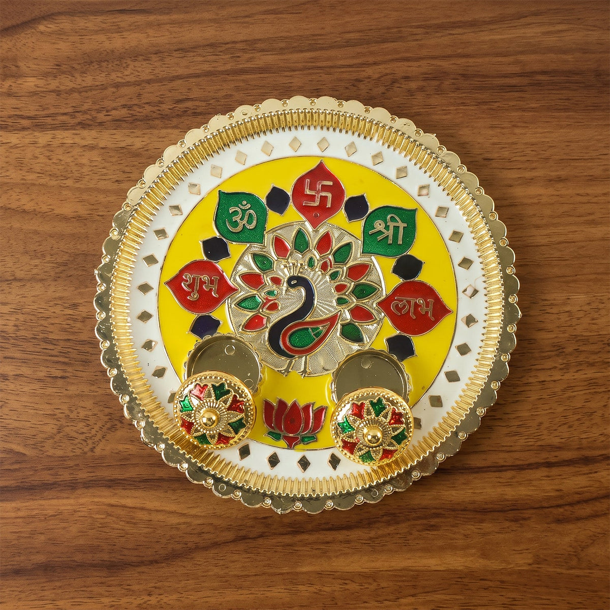 Big Decorative Pooja Thali Golden Meenakari Puja Plate With Kumkum Bowls (1 Pc)