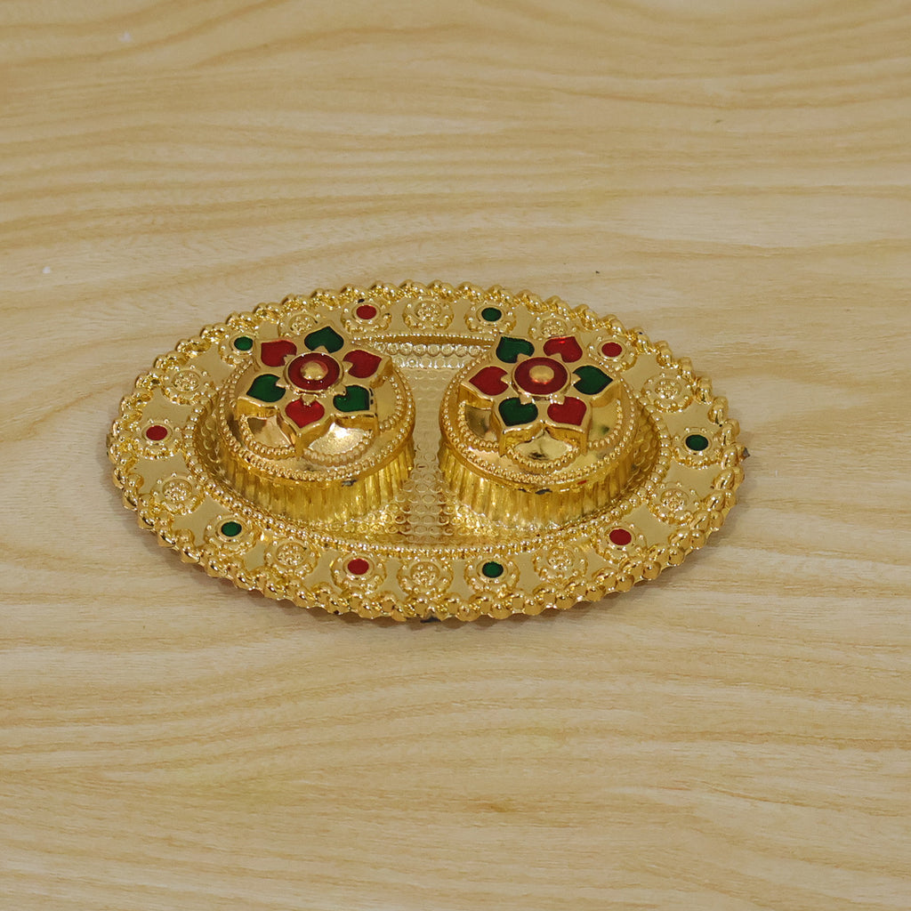 Oval Golden Kankavati Kumkum Holder With Meena Work Border (1 Pc)