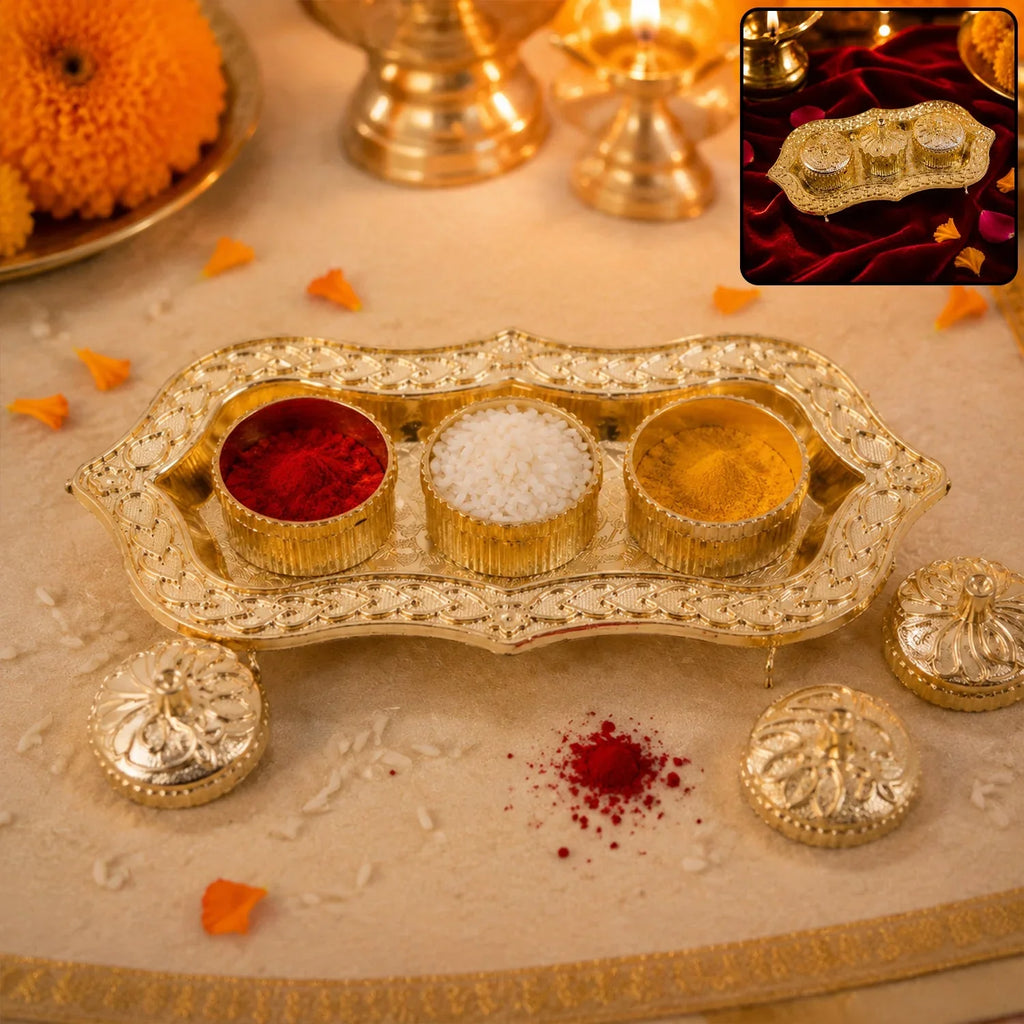 Triveni Kankavati Kumkum Holder With 3 Compartments For Puja And Tilak (1 Pc) Detail - Sacred Tilak Ritual Duo