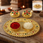 Oval Golden Kankavati Kumkum Holder With Meena Work Border (1 Pc) Detail - Swastik Puja Thali & Kankavati Set
