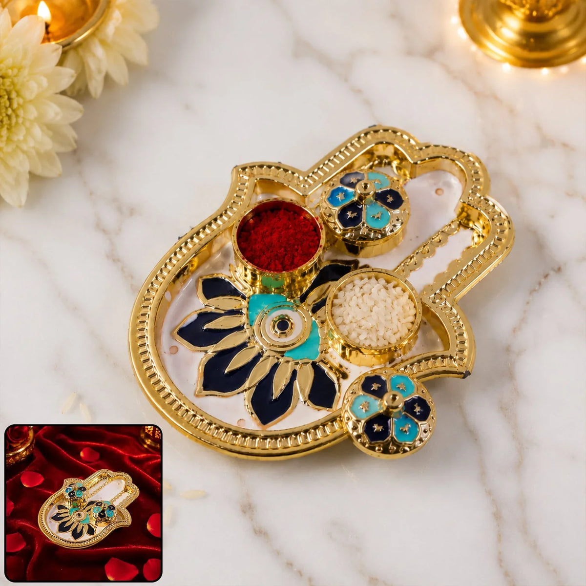 Hand Shaped Kankavati Kumkum Holder For Puja And Tilak Rituals (1 Pc) Detail - Royal Hand Tilak & Shubh Labh Trio