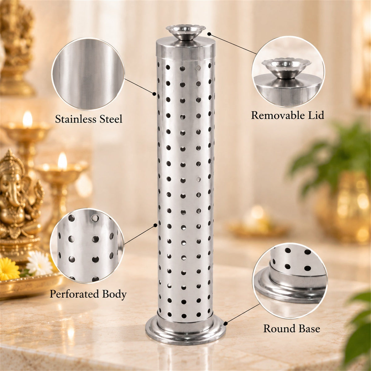 Stainless Steel Covered Agarbatti Incense Stick Holder Stand (1 Pc)