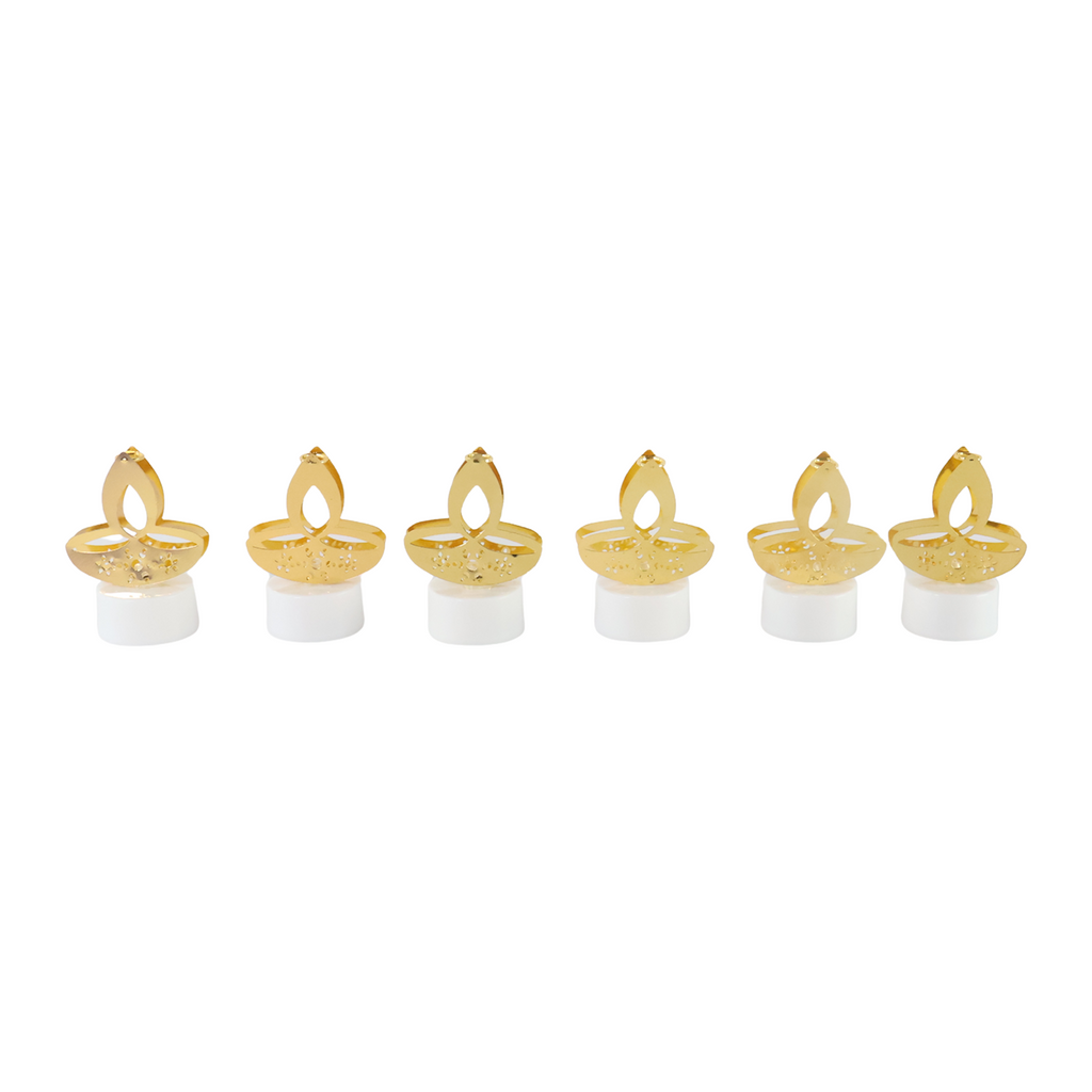 Golden Diya Shaped Led Tealight Candles (6 Pc) Detail - Shubh Deep Jyoti & Aarti Set