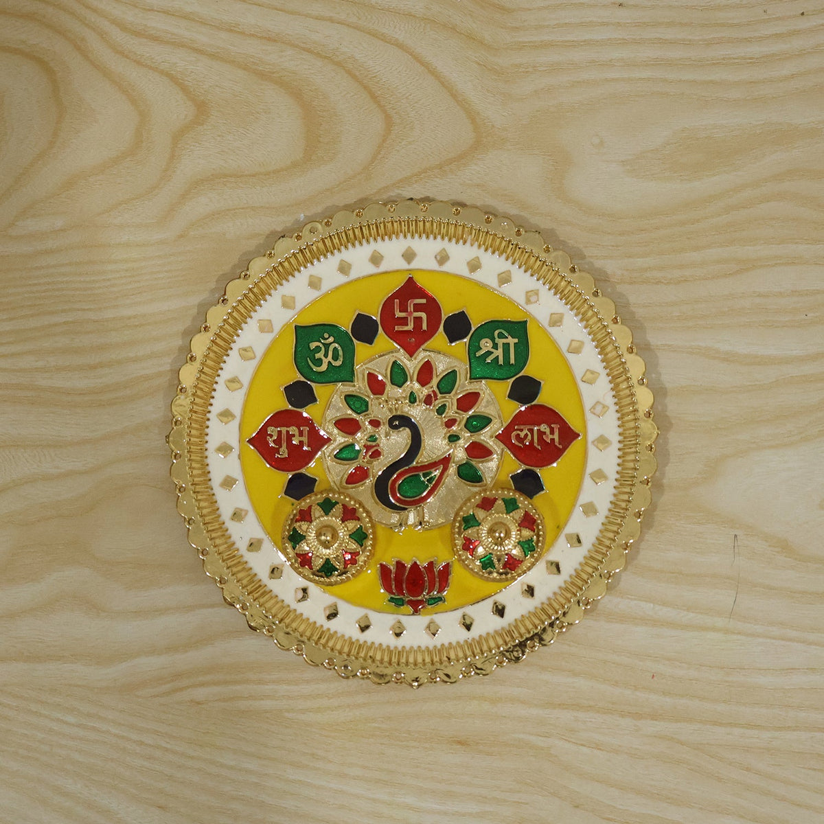 Big Decorative Pooja Thali Golden Meenakari Puja Plate With Kumkum Bowls (1 Pc)