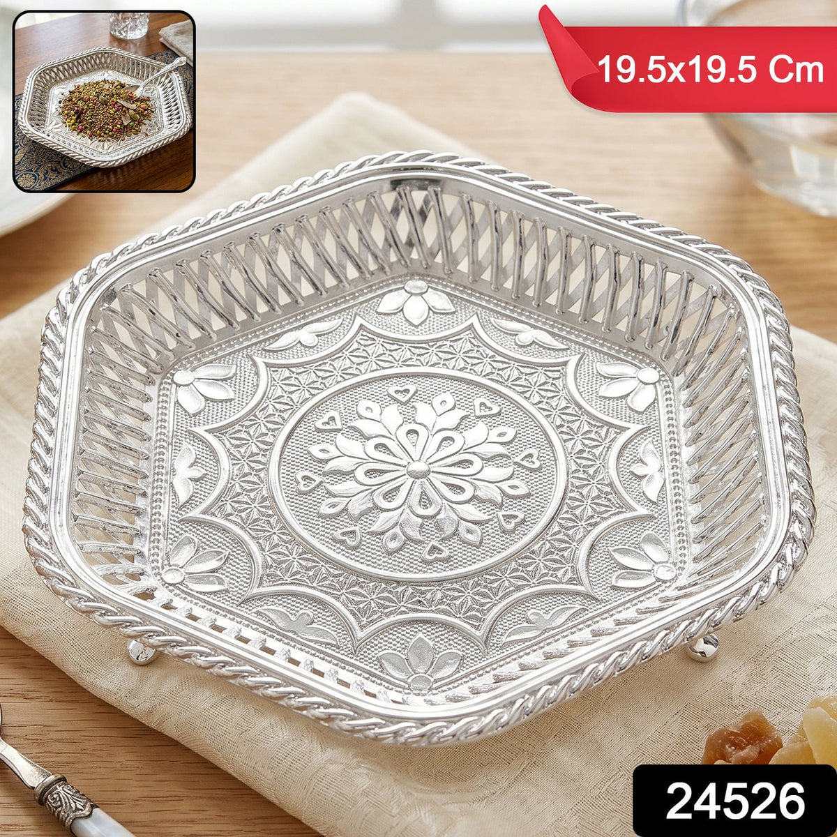 Decorative Silver Serving Tray – Traditional Embossed Floral Design Component - Silver Grace Puja Tray & Kumkum Duo