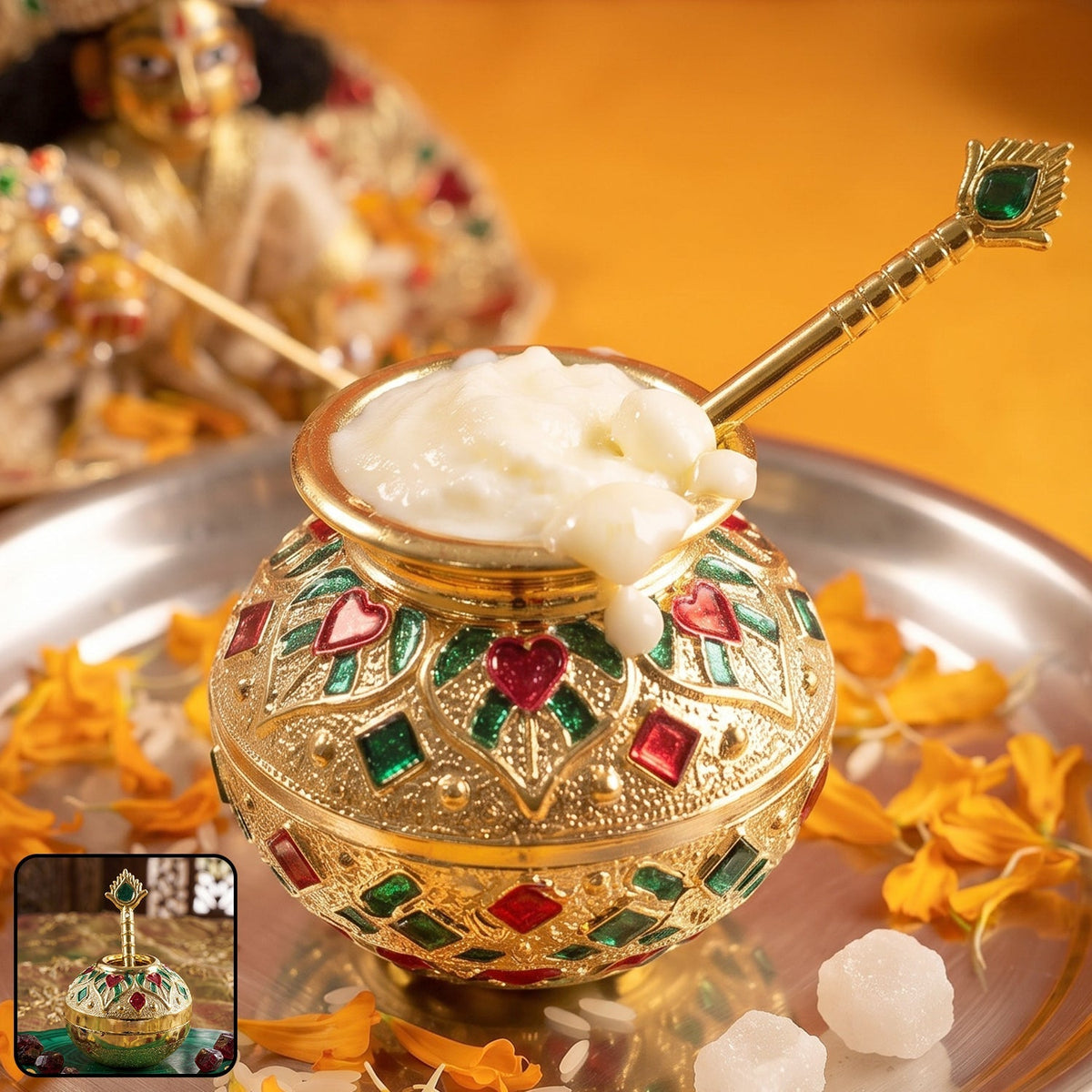 Laddu Gopal Makhan Matki With Spoon Set Decorative Pooja Pot (2 Pc Set) Detail - Bal Gopal Seva Duo