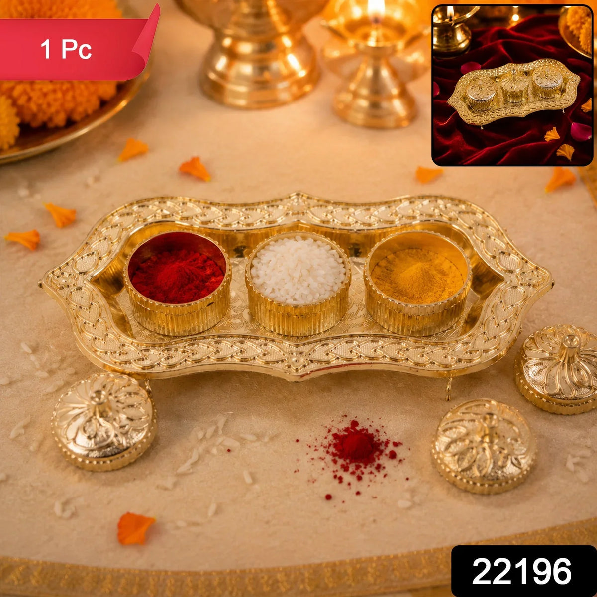 Triveni Kankavati Kumkum Holder With 3 Compartments For Puja And Tilak (1 Pc) Component - Sacred Tilak Ritual Duo