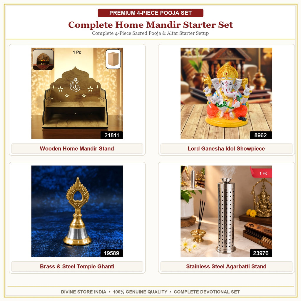Complete Home Mandir Starter Set with wooden mandir, Ganesha idol, temple ghanti and covered agarbatti holder