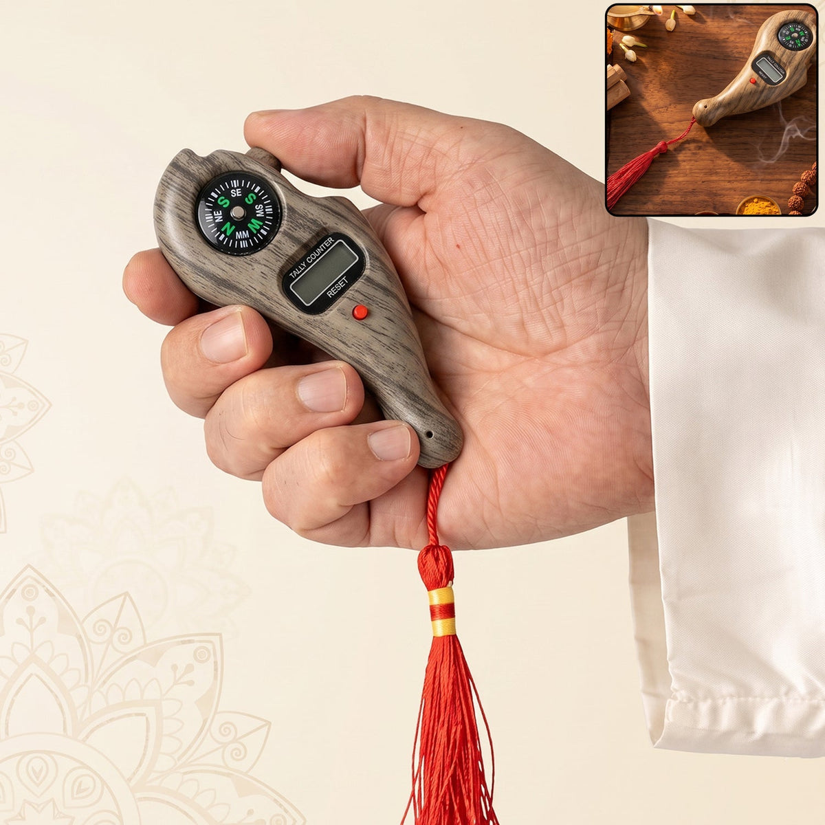 Wooden Digital Tasbih Counter Handheld Lcd Mantra Jaap Counter With Compass (1 Pc) Detail - Vedic Jaap & Meditation Duo
