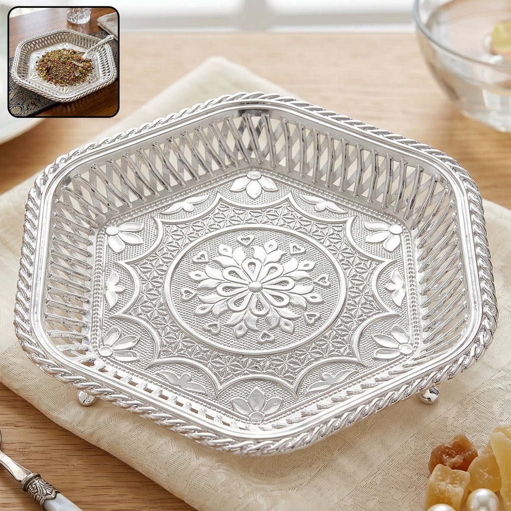 Decorative Silver Serving Tray – Traditional Embossed Floral Design Detail - Silver Grace Puja Tray & Kumkum Duo