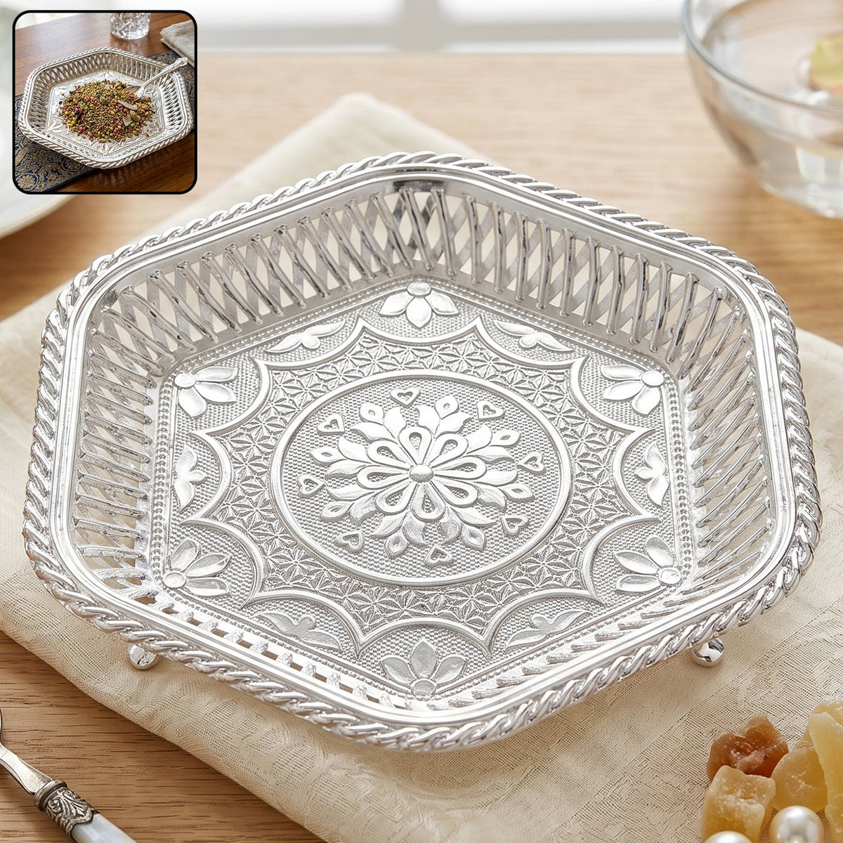 Decorative Silver Serving Tray – Traditional Embossed Floral Design Detail - Silver Grace Puja Tray & Kumkum Duo