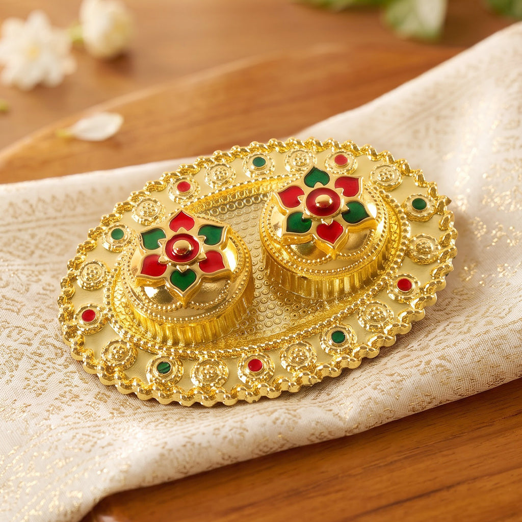 Oval Golden Kankavati Kumkum Holder With Meena Work Border (1 Pc)