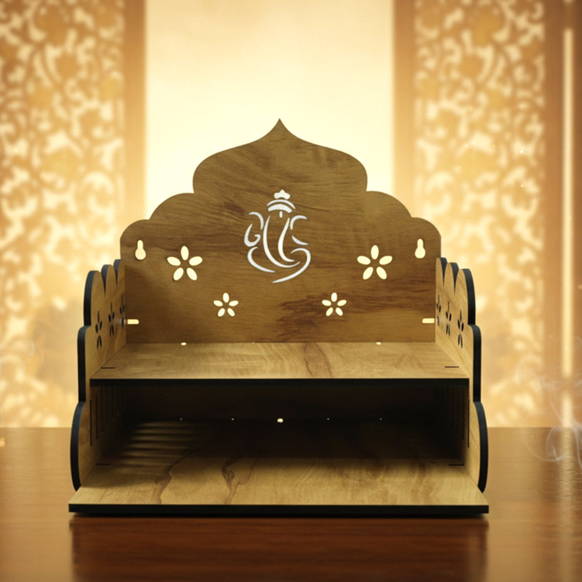 Wooden Temple Style Home Mandir Stand For Pooja Detail - Festive Mandir Welcome Duo