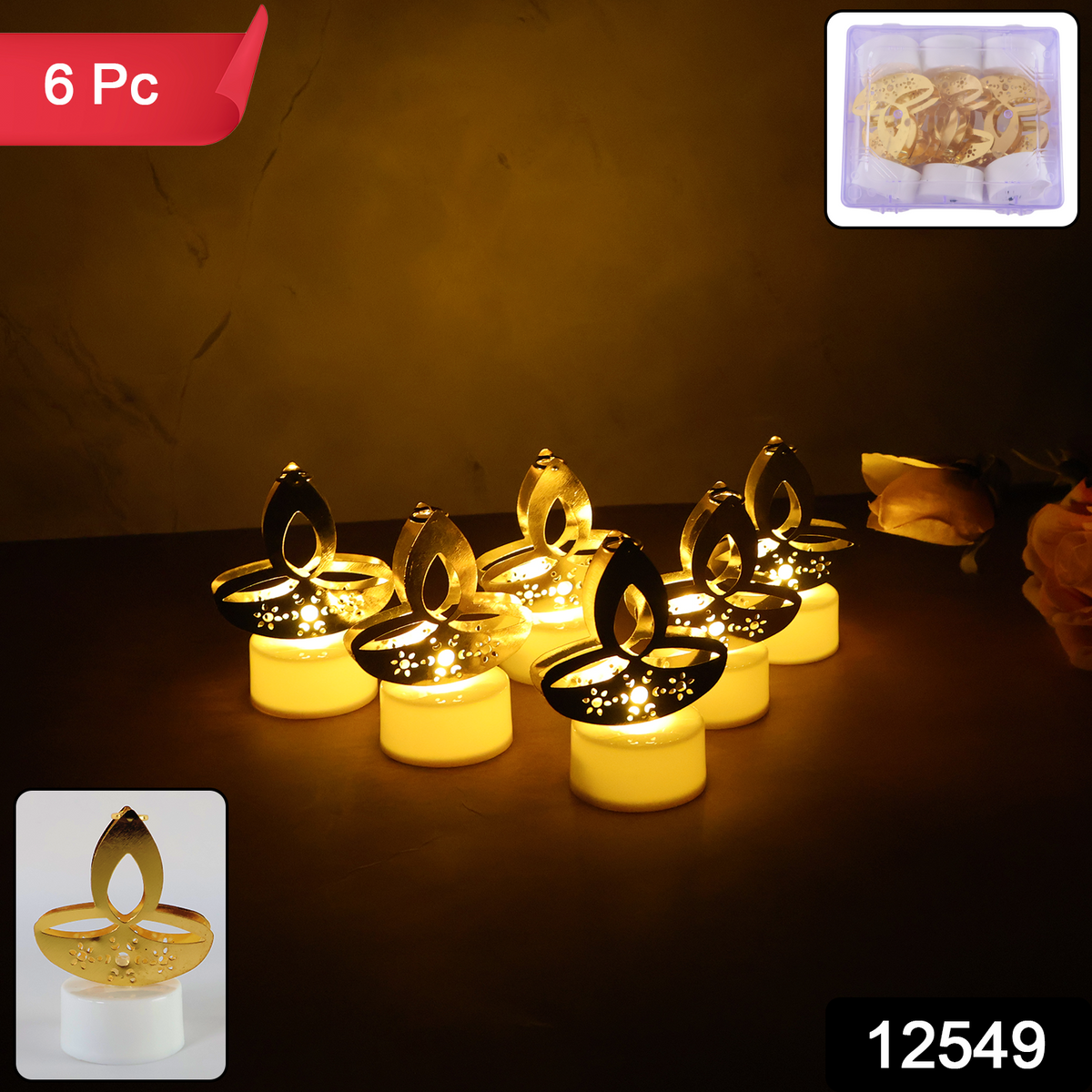 Golden Diya Shaped Led Tealight Candles (6 Pc) Component - Shubh Deep Jyoti & Aarti Set